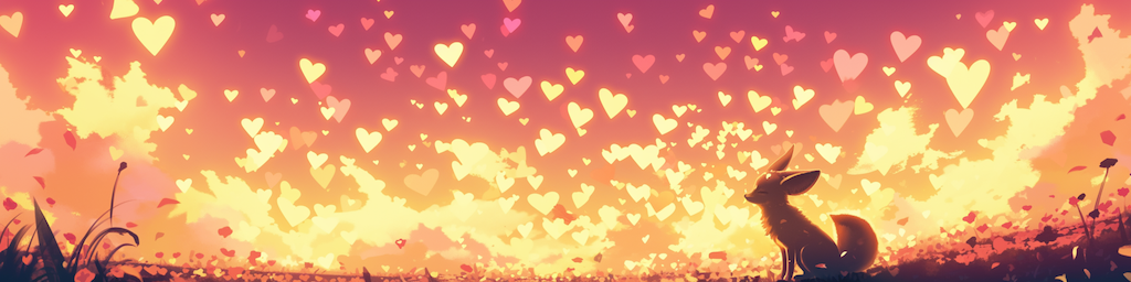 stylized fennec fox in front of a sky full of hearts