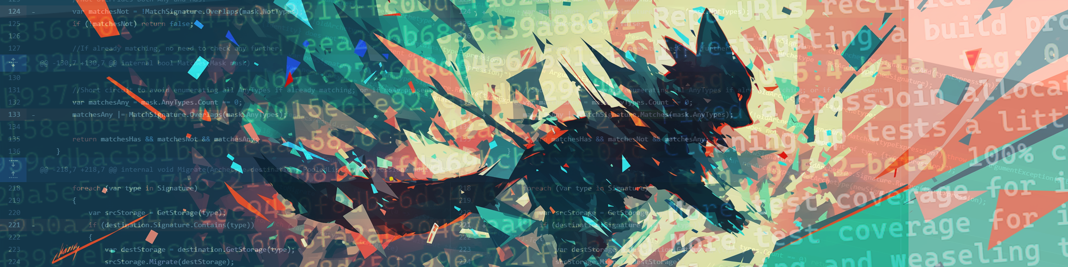 a stylized fox shattering red and green polygons surrounded by source code