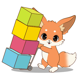 a cartoon fennec with a hand truck moving a large stack of colored boxes
