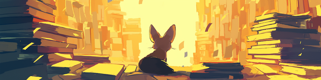 a stylized fennec fox in a huge archive with of stacks of papers