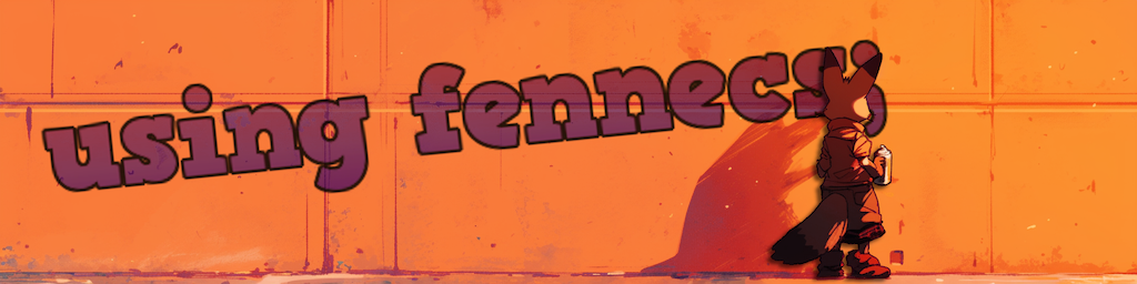 stylized fennec fox spraying "using fennecs;" against an industrial wall