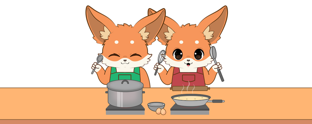 two fennecs behind a kitchen counter, ready to cook